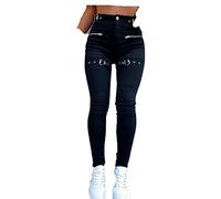 Zhuxuan Frauen Reißverschluss Design Öse Schnallen Hohe Taille Reißverschluss Leder Skinny Pants Lässige Schnalle PU-Hose (Black,L)