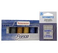 ZickZackNaehmaschine Ackermann Jeansgarn-Set + Schmetz Jeans Nadel-Sortiment