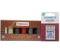 ZickZackNaehmaschine Ackermann Leather Nähgarnset Farben Mix Stärke 60, 6X 120m + Schmetz Leder-Nadel-Sortiment