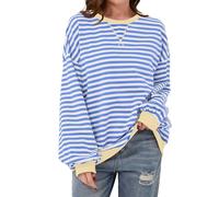 Ziesexy Gestreiftes Damen-Sweatshirt, Oversize-Sweatshirt, Farbblock, langärmelig, Rundhalsausschnitt, lockerer Pullover, Oberteil, blau / weiß, Mittel