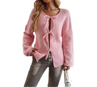 Zilimontt Gestrickte Damen-Strickjacke mit Fliege, lockerer hohler Pullover für lässige Ausflüge, Damen-Schleifen, vorne zum Binden, Cardigan, Pullover, langärmelig, lockere Mäntel (XL, Rosa)