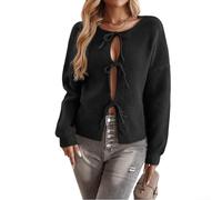 Zilimontt Gestrickte Damen-Strickjacke mit Fliege, lockerer hohler Pullover für lässige Ausflüge, Damen-Schleifen, vorne zum Binden vorne, Cardigan, Pullover, lange Ärmel, lockere Mäntel (S Schwarz)