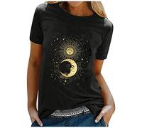 Zilosconcy Vintage Oberteile Damen Oversized Tshirt Lustig Streetwear Sonne Mond Motiv Sportshirt Kurzarm Sport Oberteile Sweatshirt Rundhals Teenager Mädchen Top Lang Sommer Oberteile Tops