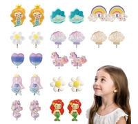 ZILZUFA 12 Paar Klipp Ohrringe Kinder Mädchen, Ohrclips Mädchen, Ohrklipser Kinder, Clip Ohrringe Magnet, Hübsch-Meerjungfrau-Prinzessin-Ohrring Set
