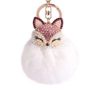 Zinsale Strass Fuchspelz Pom Pom Schlüsselanhänger Handtasche Charm Car Anhänger mit goldenen Schlüsselring (Weiß mit rosa Kopf)
