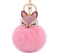 Zinsale Strass Fuchspelz Pom Pom Schlüsselanhänger Handtasche Charm Car Anhänger mit goldenen Schlüsselring (Rosa)