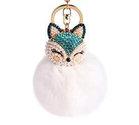 Zinsale Strass Fuchspelz Pom Pom Schlüsselanhänger Handtasche Charm Car Anhänger mit goldenen Schlüsselring (Weiß mit blauem Kopf)