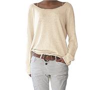 ZIOOER Damen Pulli Langarm T-Shirt Rundhals Ausschnitt Lose Bluse Langarmshirts Hemd Pullover Sweatshirt Oberteil Tops Shirts A Beige S