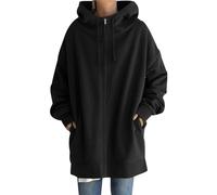 Zip Hoodie Damen Lang Sweatshirt Jacke Damen Oversize Kapuzen Sweatjacke Damen Hoody Kapuzenpullover Damen Oversized Zipper Long Hoodie Jacke Frauen Kapuzenpulli Sweatshirtjacke für Damen Schwarz XL