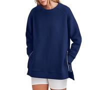 Zipper Hoodie Damen Damen-Sweatshirts, lange Ärmel, lang geschnittene Oberteile, Rundhalsausschnitt, weiche Pullover, Hemden mit seitlichem Reißverschluss, Sweatshirts Zip Hoodie Oversized (Blue, XL)