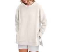 Zipper Hoodie Damen Damen-Sweatshirts, lange Ärmel, lang geschnittene Oberteile, Rundhalsausschnitt, weiche Pullover, Hemden mit seitlichem Reißverschluss, Sweatshirts Zip Hoodie Oversized (Khaki, L)