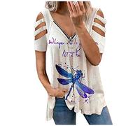 Zipper T-Shirt Damen Sexy Kurzarm Sommer Oberteile V-Ausschnitt mit Schicke Aufdruck Lässig Party Oberteil Frauen Kurzarmshirt T Shirt Bluse Tunika Top Sweatshirt Pullover