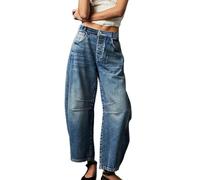 ZIQUNWLUO Baggy Barrel Jeans für Damen, lässige Mid Rise Wide Leg Cropped Jeans für Frauen Loose Fit, dunkelblau, S