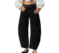 ZIQUNWLUO Baggy Barrel Jeans für Damen, lässige Mid Rise Wide Leg Cropped Jeans für Frauen Loose Fit, Schwarz , L