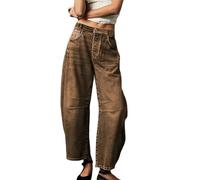 ZIQUNWLUO Baggy Barrel Jeans für Damen, lässige Mid Rise Wide Leg Cropped Jeans für Frauen Loose Fit, braun, L