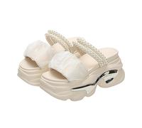 ZIRIA Damen-Sandalen mit Perlenriemen, klobige Sandalen, Sommer, dicke Unterseite, Keilabsatz, Hausschuhe, beige, 34 EU