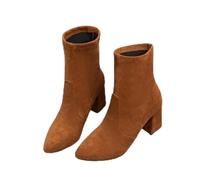 ZIRIA Dicker Absatz Stiefeletten Schwarz Braun Flock Frauen Winterschuhe Elegant High Heel Spitz Zehen Kurze Booties Damen, braun, 39 EU