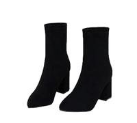 ZIRIA Dicker Absatz Stiefeletten Schwarz Braun Flock Frauen Winterschuhe Elegant High Heel Spitz Zehen Kurze Booties Damen, Schwarz , 40 EU
