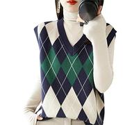 ZIRONG Weste Pullunder Damen,Ärmelloser Pullover Mit Argyle-Print Aus Wollmischung Für Damen/Frühlingspullover-Westen/Lockere Tanktops Mit V-Ausschnitt,L