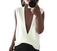 ZIRONG Weste Pullunder Damen,Frühling Wollmisch-Innenpullover Tanktops/Tiefer V-Ausschnitt Ärmelloser Pullover/Damen Weißer Ärmelloser Weste-Strickpullover, XXL
