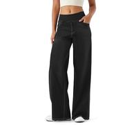 ZIRUU Jeans Damen Weites Bein Pull On Wide Leg Jeans mit Gummibund Stretch High Waist Jeanshosen Hohe Taille Denim Hose Damenjeans Fashion Baggy Pants Frauen mit Taschen Casual in Black Small