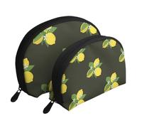 Zitrone mit Zweig und Lilien Bouquet Schwarz, Shell Make-up Tasche Frauen Aufbewahrungstasche kleine Geldbörse Kulturbeutel Kosmetiktasche 2 PCS