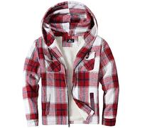 zitysport Hemdjacke Herren Hemd Sherpa Fleece Kariert Gefüttert Kapuzenpullover Fleecefutter Mantel Winter Jacke mit Taschen Flanellhemd Kariertes Männer Sweatjacke mit Kapuze(Rot und weiß,XL)