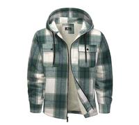 zitysport Hemdjacke Herren Hemd Sherpa Fleece Kariert Gefüttert Kapuzenpullover Fleecefutter Mantel Winter Jacke mit Taschen Flanellhemd Kariertes Männer Sweatjacke mit Kapuze(Weiß grün,2XL)