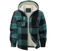 zitysport Hemdjacke Herren Hemd Sherpa Fleece Kariert Gefüttert Kapuzenpullover Fleecefutter Mantel Winter Jacke mit Taschen Flanellhemd Kariertes Männer Sweatjacke mit Kapuze(Grün Kariert,L)