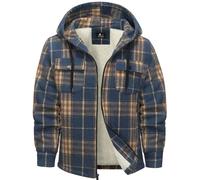 zitysport Hemdjacke Herren Hemd Sherpa Fleece Kariert Gefüttert Kapuzenpullover Fleecefutter Mantel Winter Jacke mit Taschen Flanellhemd Kariertes Männer Sweatjacke mit Kapuze(Blau Orange,2XL)