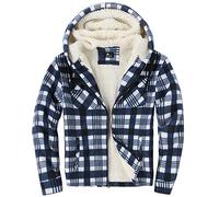 zitysport Hemdjacke Herren Hemd Sherpa Fleece Kariert Gefüttert Kapuzenpullover Fleecefutter Mantel Winter Jacke mit Taschen Flanellhemd Kariertes Männer Sweatjacke mit Kapuze(Weiß Blau,2XL)