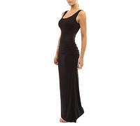 ZiXing Damen ärmelloses Sommer Maxi Kleid mit Rundhalsausschnitt und Seitenschlitz Schwarz M