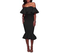 ZiXing Damen Elegant Schulterfrei Ruffle Party Kleid Meerjungfrau Bodycon Cocktailkleid Abendkleid Knielang Schwarz X-Large