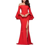 ZiXing Damen Trägerlos Split Off Shoulder Lange Abendkleid Strandkleid Partykleider Maxi Kleid Rot Large