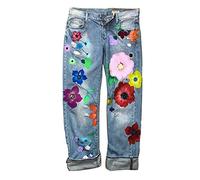 ZIXING Fashion Damen Blumen gedruckt Jeanshose Hohe Taille Fitted Jeggings-Hose Vintage Jeans Lang Lässig Baggy Boyfriend Hüftjean Hellblau 3XL