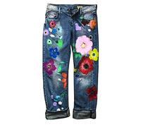 ZIXING Fashion Damen Blumen gedruckt Jeanshose Hohe Taille Fitted Jeggings-Hose Vintage Jeans Lang Lässig Baggy Boyfriend Hüftjean Dunkelblau L