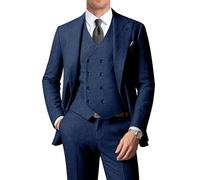 ZKHOECR Herrenanzüge Fischgräten-Tweed-Anzüge für Herren, Retro, 3-teilig, Spitzrevers, Blazer, Hochzeit, Abschlussball, Anzugjacke, Weste, Hose, Marineblau, 5XL
