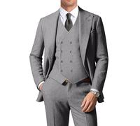 ZKHOECR Herrenanzüge Fischgräten-Tweed-Anzüge für Herren, Retro, 3-teilig, Spitzrevers, Blazer, Hochzeit, Abschlussball, Anzugjacke, Weste, Hose, GRAU, L