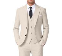 ZKHOECR Herrenanzug, 3-teilig, Leinen, schmale Passform, Blazer, Weste, Hose, Set, Hochzeit, Abschlussball, Smoking, Business, Freizeitanzug, Beige, XL