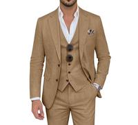 ZKHOECR Herrenanzug, 3-teilig, Leinen, schmale Passform, Blazer, Weste, Hose, Set, Hochzeit, Abschlussball, Smoking, Business, Freizeitanzug, Khaki, XL