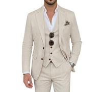 ZKHOECR Herrenanzug, 3-teilig, Leinen, schmale Passform, Blazer, Weste, Hose, Set, Hochzeit, Abschlussball, Smoking, Business, Freizeitanzug, Beige, XS