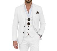 ZKHOECR Herrenanzug, 3-teilig, Leinen, schmale Passform, Blazer, Weste, Hose, Set, Hochzeit, Abschlussball, Smoking, Business, Freizeitanzug, Weiss/opulenter Garten, L