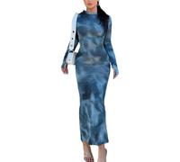 ZKZFCAI Damen Langarm Maxikleid Batikmuster Figurbetontes Kleid Casual Lounge Langes Kleid Elegant Sexy Bodycon Kleid Eng Lang Elegant Einfarbig Freizeitkleid Abendkleid Partykleid Clubkleid