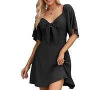 ZKZFCAI Sommerkleid Damen Freizeitkleider Elegant V Ausschnitt Sommer Kurzarm Rüschen Minikleid Baumwolle Cover Up Strandkleid Freizeitkleider Sommer Mini Dress（Schwarz M）