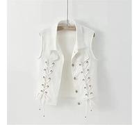 Zlatomu Ärmellose Damen-Jeansweste, Modische Weste Mit Gewaschenem Revers Und Schnürung, Einfarbig, Einreihig, Große Tasche, Lose Vintage-Weste, Weiß, 5XL