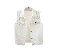 Zlatomu Damen-Denimweste, All-Match-Weiß, Ärmellos, Große Größe 5XL, Gewaschene, Zerrissene, Kurze Jeansjacke, Mode Mit Tasche, Einreihige, Lässige Jeansweste, Alltagskleidung, Streetwear, Weiß, 4XL