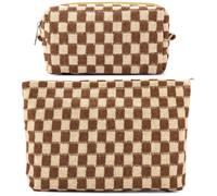 ZLFSRQ 2-teiliges kariertes Make-up-Taschen-Set fur Damen, grosses Kosmetiktaschen-Set, Reise-Kulturtasche, Make-up-Tasche fur Handtasche, brauner