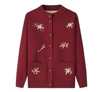 ZLFX Strickjacke Damen für Oma Strickjacke für Ältere Damen Fleece Innenfutter Elegante Strickjacke mit Jacquard Stickerei Button Down Rippbündchen Kurzer Strick Cardigan Oma Kleidung Burgunderrot S