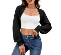 ZLIGXEA Bolero Damen Festlich Kurz Strickjacke mit Kontrastbesatz Offene Front Crop Shrug Cardigan Rippstrick Langarm Kurze Jacke Damen zum Kleid Jäckchen für Abendkleid Schwarz XL