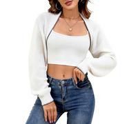 ZLIGXEA Bolero Damen Festlich Kurz Strickjacke mit Kontrastbesatz Offene Front Crop Shrug Cardigan Rippstrick Langarm Kurze Jacke Damen zum Kleid Jäckchen für Abendkleid Weiß XL